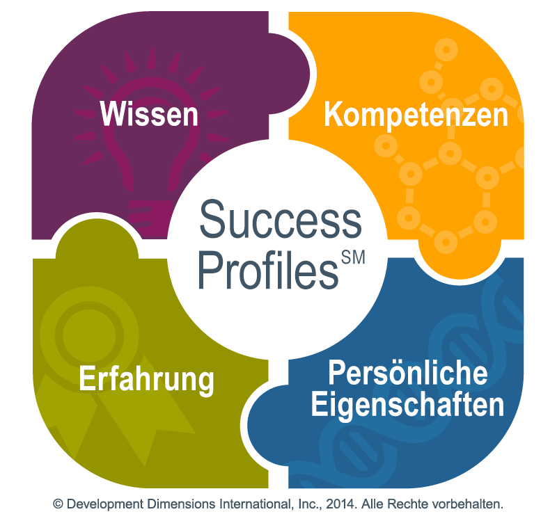 Abbildung des DDI-Erfolgsprofils, das zeigt, dass jedes Puzzleteil (Wissen, Erfahrung, Kompetenzen und persönliche Eigenschaften) wichtig ist, um einen Kandidaten zu bewerten und keine Einstellungsvoreingenommenheit in den Einstellungsprozess einfließen zu lassen