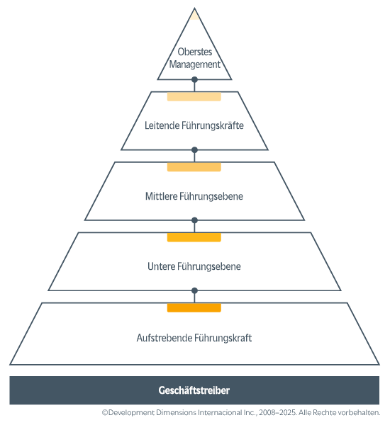 Eine Führungspyramide, die Führungsebenen von Emerging Leader, Frontline Leader, Mid-Level Leader und Senior Leader bis hin zu C-Level zeigt, die alle auf einem Fundament von Geschäftstreibern aufbauen.