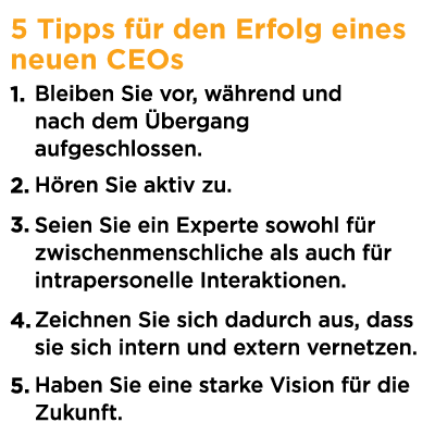 Aufruf mit der Aufschrift "5 Tipps für den Erfolg eines neuen CEOs", 1. Bewahren Sie sich eine aufgeschlossene Haltung 2. Hören Sie aktiv zu. 3. Seien Sie ein Experte sowohl für zwischenmenschliche als auch für intrapersonelle Interaktionen. 4. Zeichnen Sie sich durch Networking aus. 5. Haben Sie eine starke Vision für die Zukunft.