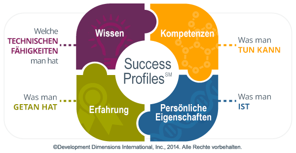 Die Erfolgsprofile von DDI sind in der Mitte eines Puzzles mit Puzzleteilen geschrieben, die zusammenpassen und jeweils auf einem Puzzleteil geschrieben sind: Wissen (welche technischen Fähigkeiten Menschen haben), Kompetenzen (was Menschen können), persönliche Eigenschaften (was Menschen sind) und Erfahrung (was Menschen getan haben)