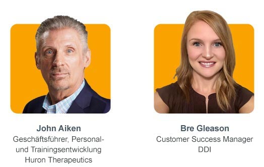 Fotos von John Aiken, Executive Director bei Huron Therapeutics, und Bre Gleason, Customer Success Manager bei DDI, mit Namen und Titeln.