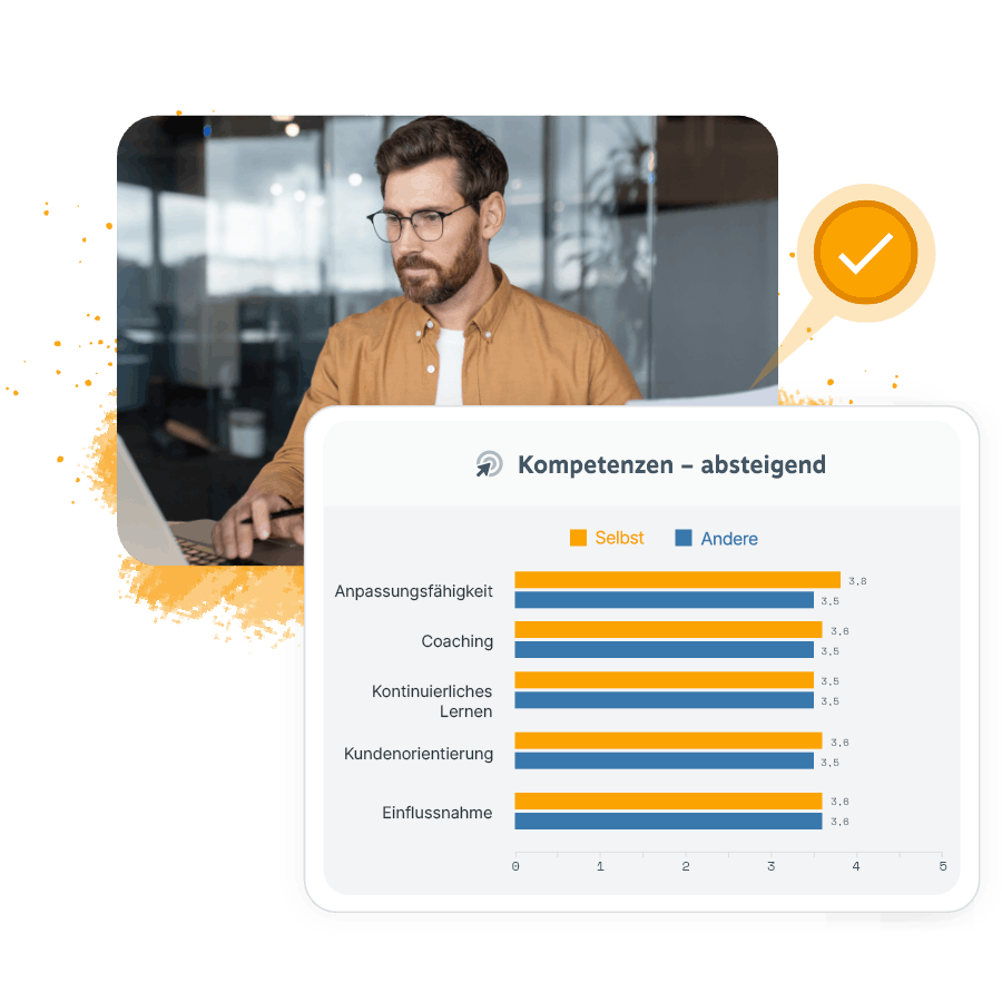 Leadership Mirror 360 Feedback-Dashboard mit Kompetenzbewertungen von sich selbst und anderen. ?fm=webp&q=65​​​​​​​