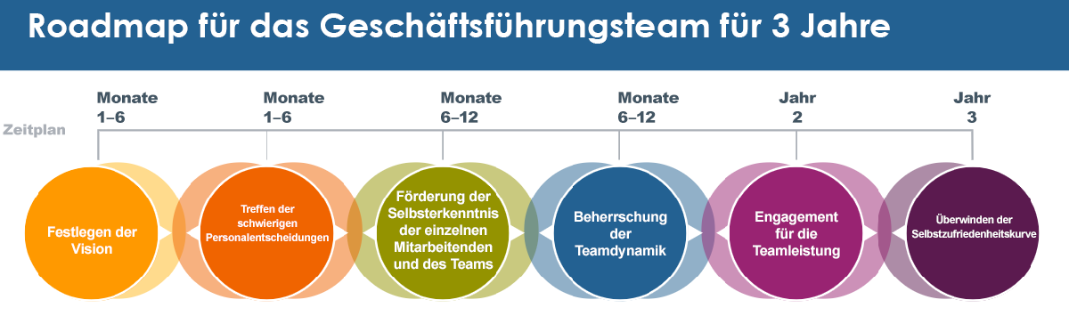 Planen Sie eine 3-Jahres-Roadmap für die Entwicklung des C-Suite-Teams. Von links nach rechts sind farbige Kreise zu sehen, die die verschiedenen Phasen der Entwicklung des Führungsteams zeigen: 1) die Vision festlegen, 2) die schwierigen Personalentscheidungen treffen, 3) das Selbstbewusstsein des Einzelnen und des Teams fördern, 4) die Teamdynamik beherrschen, 5) sich zur Teamleistung verpflichten und 6) die Selbstzufriedenheitskurve schlagen