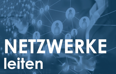 Grafik mit der Aufschrift "Führende Netzwerke" mit einem digitalen Organigramm, das Personensymbole im Hintergrund verbindet, um zu zeigen, wie wertvoll das mittlere Management in der Lage ist, ein komplexes Netzwerk zu leiten