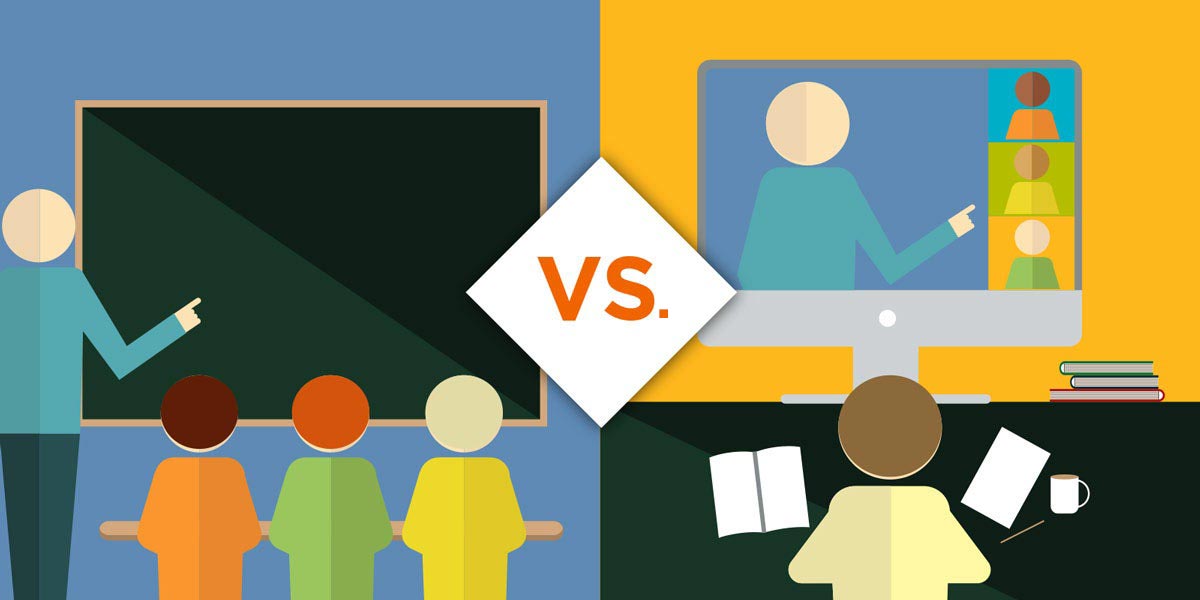 Animierte Bilder eines Dozenten, der vor einer Klasse auf der linken Seite unterrichtet, und einer virtuellen Lernsitzung, die auf der rechten Seite stattfindet, um die virtuelle vs. persönliche Entwicklung von Führungskräften zu zeigen