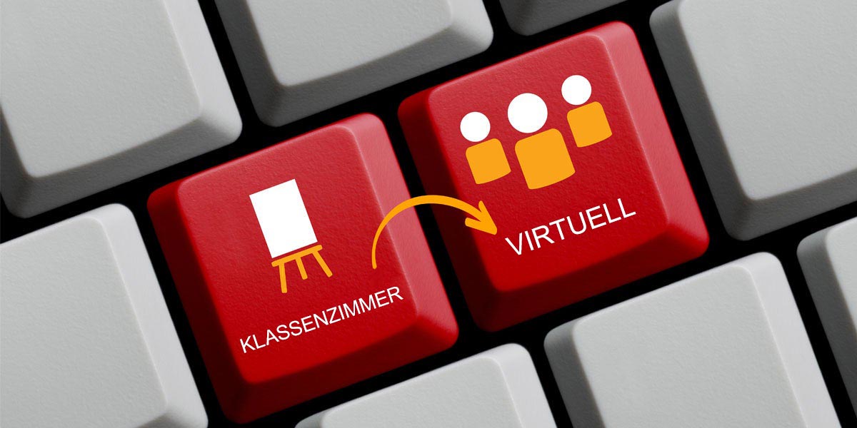 Tastatur, die den Wechsel vom Klassenzimmer zum virtuellen Lernen anzeigt