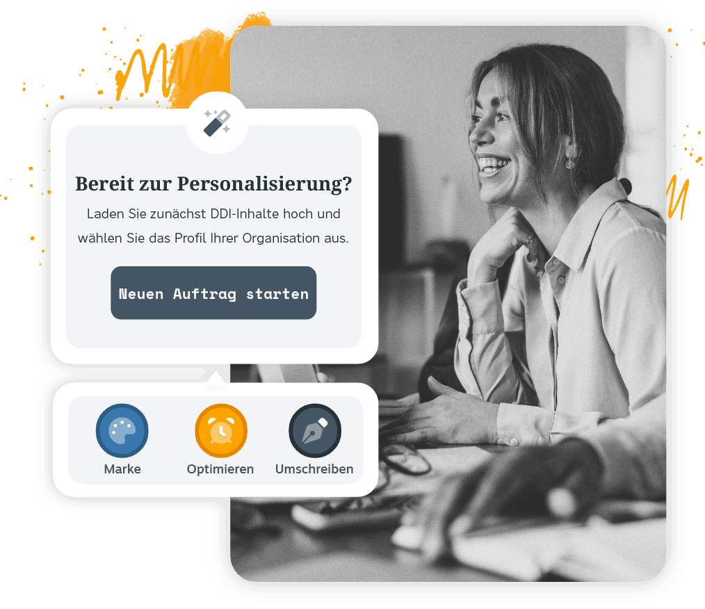 Lächelnder Profi mit einer maßgeschneiderten Programmplattform mit Tools zur Personalisierung von Inhalten, Marken, Rationalisierung und Umschreibung, die auf dem Bildschirm angezeigt werden.