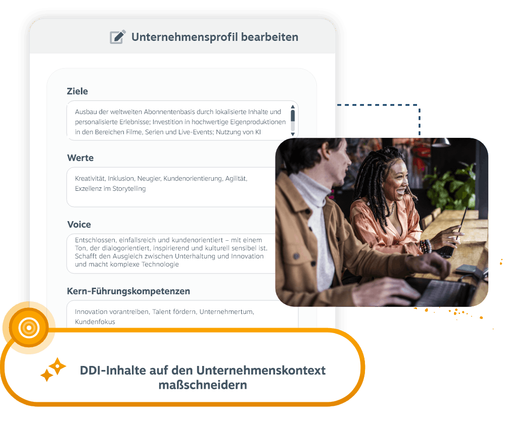 Dashboard zur Anpassung des Unternehmensprofils, das Ziele, Werte und Führungskompetenzen sowie ein Team anzeigt, das zusammenarbeitet, um maßgeschneiderte Programme auf die Bedürfnisse des Unternehmens zuzuschneiden.