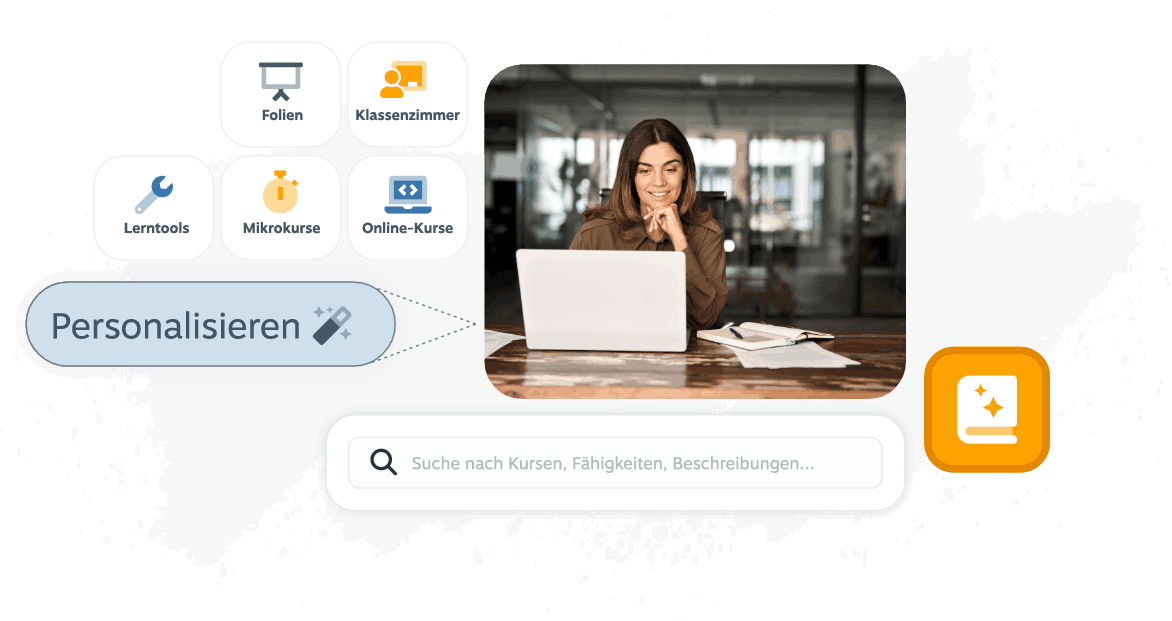 Professionelle Nutzung eines Laptops, während ein benutzerdefiniertes Programm-Dashboard Inhalte in Lerntools, Folien, Klassenzimmern, Mikrokursen und Online-Kursen personalisiert.