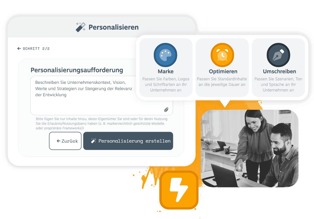 Personalisieren Sie das Dashboard mit einem Feld für die Personalisierungsaufforderung und Anpassungsoptionen für Brand, Streamline und Rewrite sowie zwei Fachleuten, die an einem Laptop zusammenarbeiten, und einer Schaltfläche "Personalisierung erstellen".