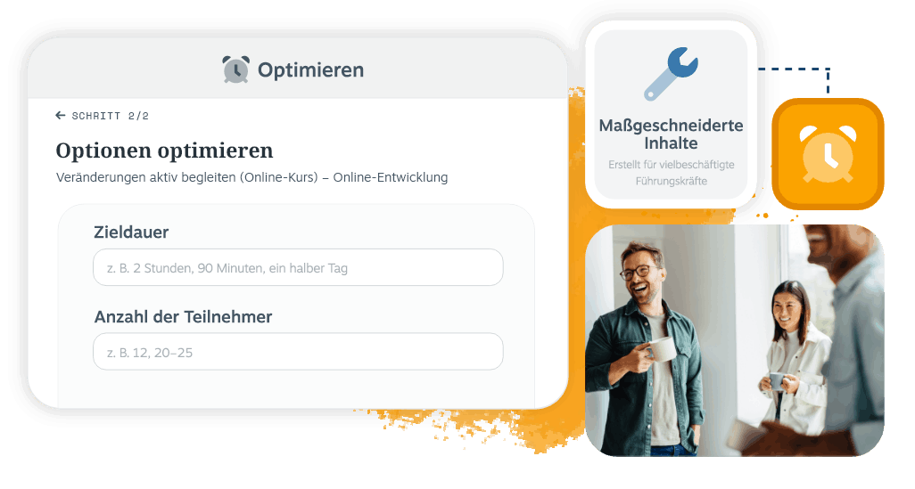 Optimieren Sie das Dashboard mit Schritt 2 von 2 mit den Feldern "Rationalisierungsoptionen", "Zieldauer" und "Anzahl der Teilnehmer", einem maßgeschneiderten Content-Tool, das für vielbeschäftigte Führungskräfte und Fachleute, die in einer Büroumgebung zusammenarbeiten, entwickelt wurde.